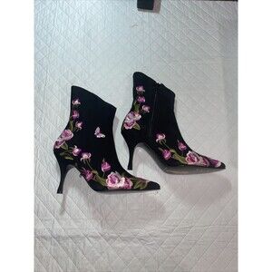 New Beverly Feldman Stiletto Embroidered Boots Mid Calf Black Suede 7,5 M